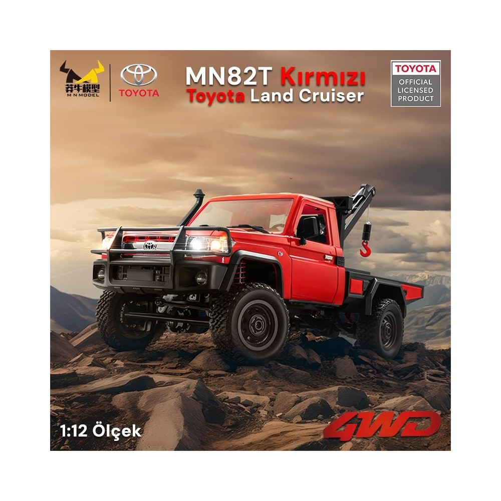Kamyon vinçli kırmızı Toyota Land Cruiser RC modeli kayalık arazide.