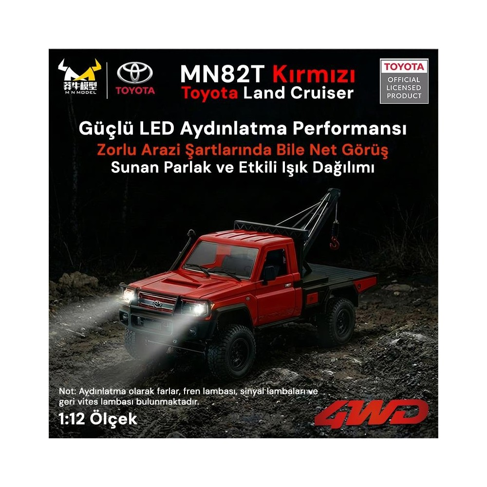 Kırmızı uzaktan kumandalı Toyota Land Cruiser modeli vinçli, gece.