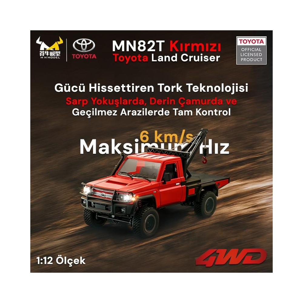Kırmızı Toyota Land Cruiser RC araba, çamurlu arazide ilerliyor. Maks. hız 6 km/s.