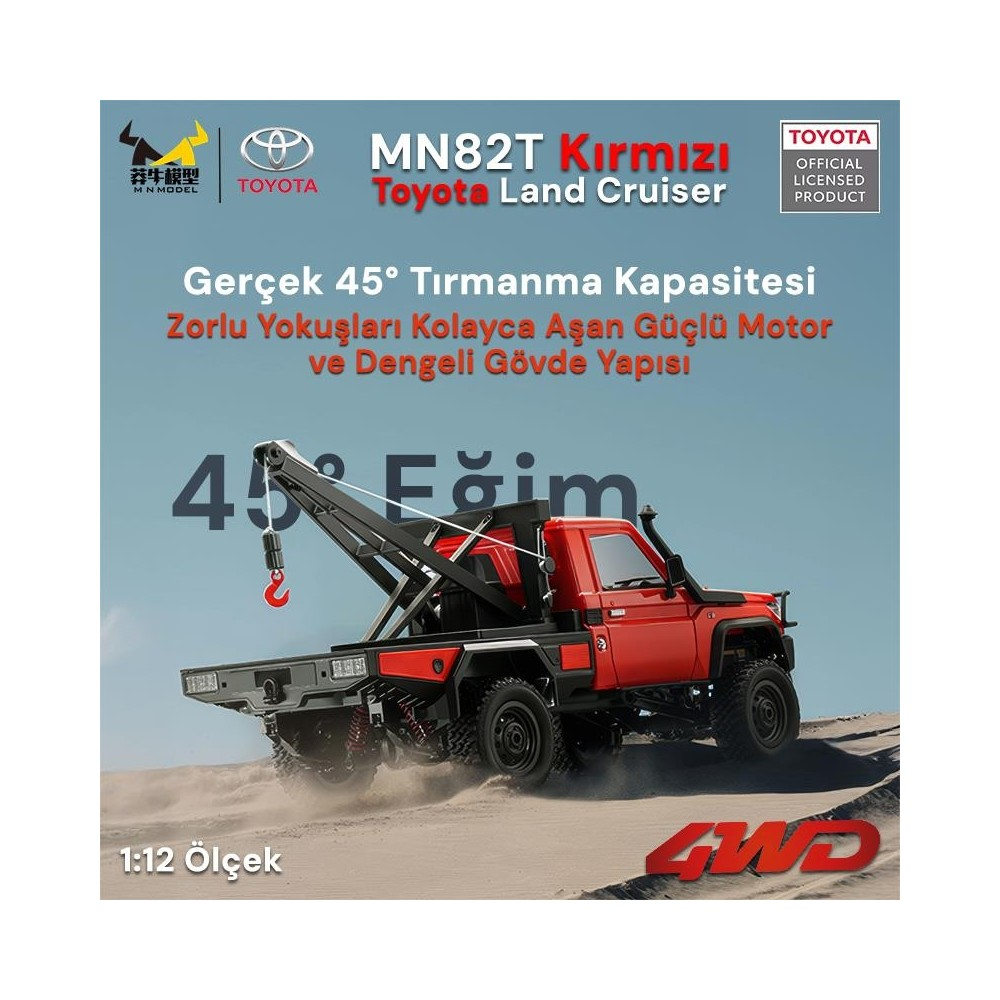 Kırmızı Toyota Land Cruiser RC çekici kumlu arazide ilerliyor.