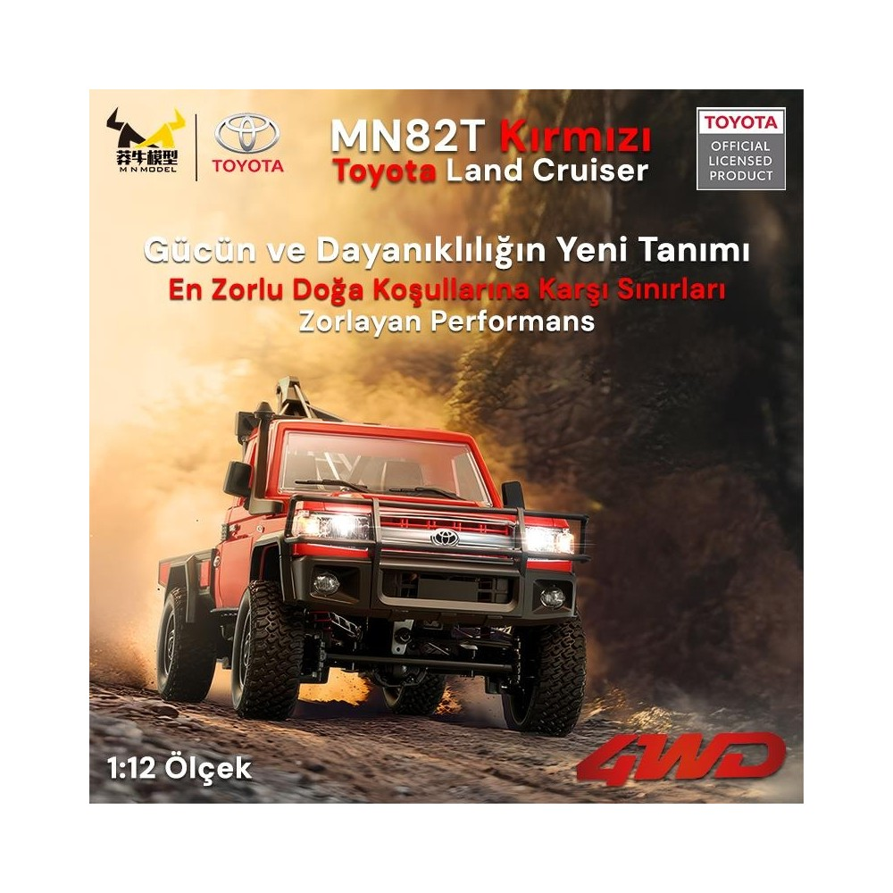 Kırmızı 1:12 ölçekli Toyota Land Cruiser engebeli arazide ilerliyor.