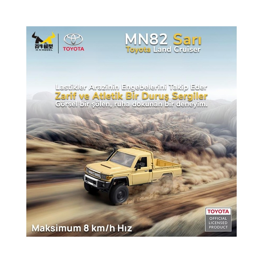 Sarı Toyota Land Cruiser, maksimum 8 km/s hızla tozlu arazide ilerliyor.