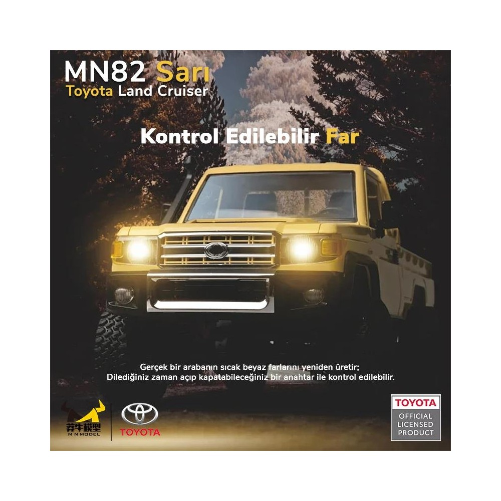 Aydınlatılmış farları olan sarı Toyota Land Cruiser, ormanlık arka plan.