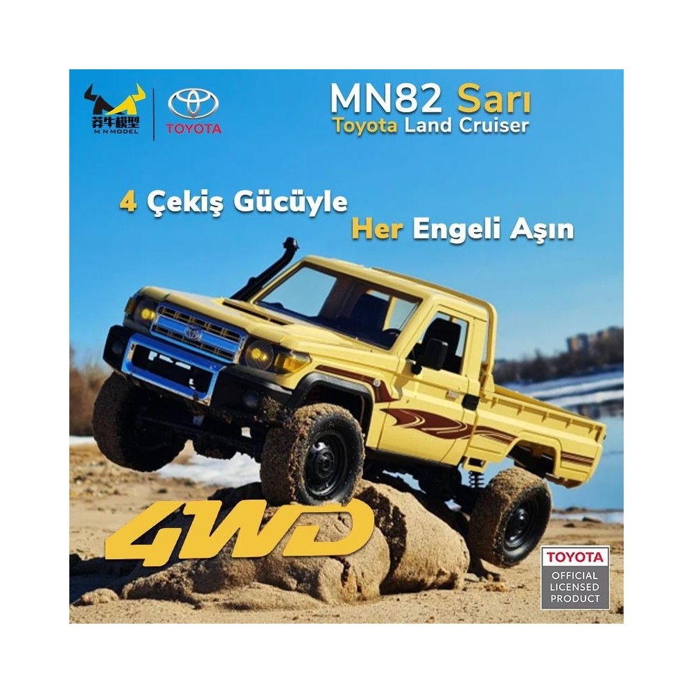 Sarı RC Toyota Land Cruiser, kum ve kayalarda 4WD yazılı.