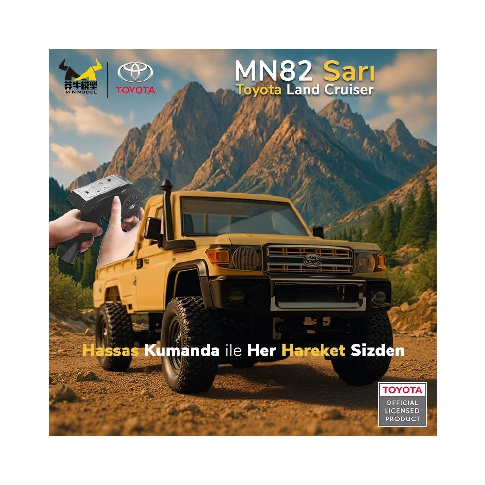 Sarı uzaktan kumandalı Toyota Land Cruiser dağlar önünde, kumandasıyla.