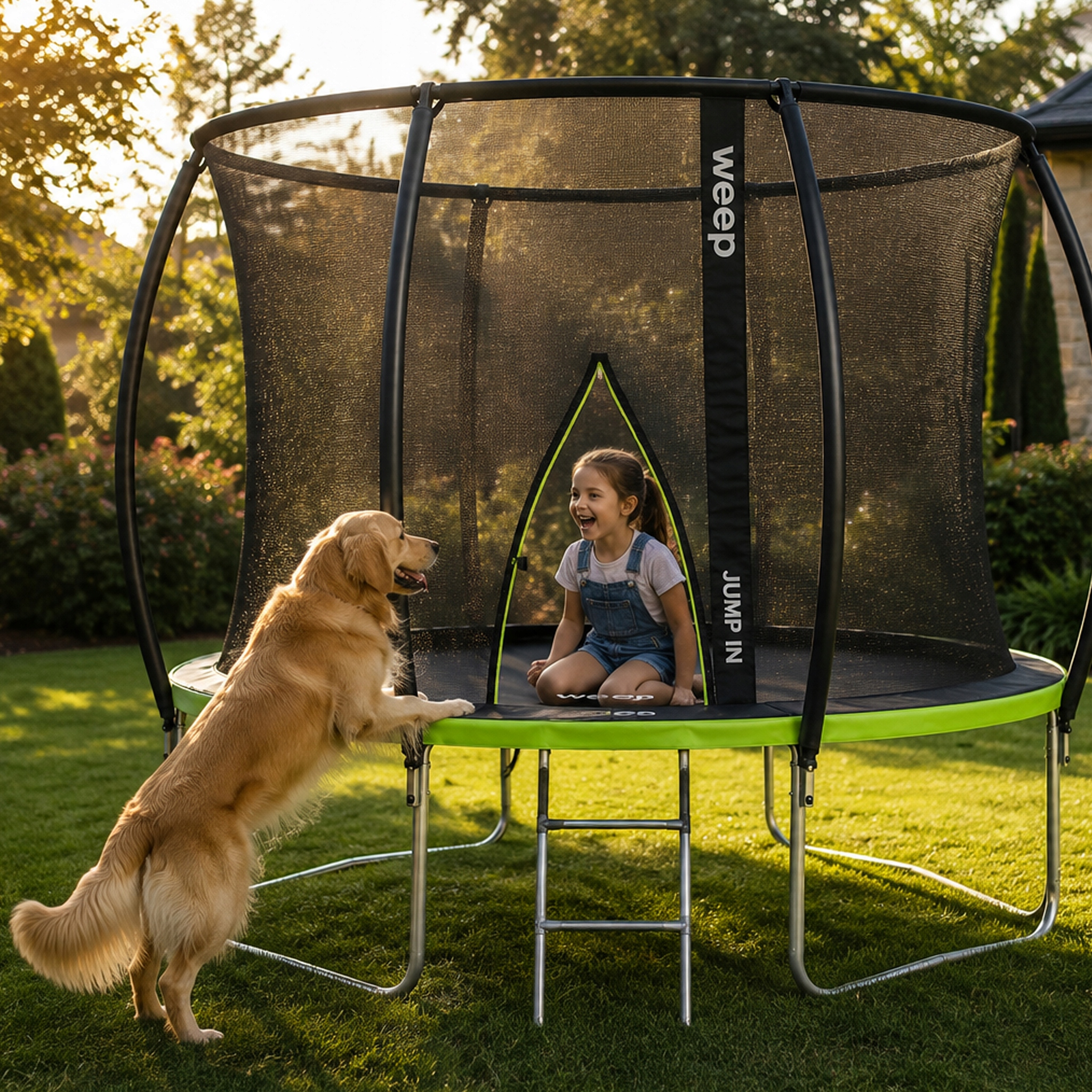 Golden retriever stoi obok trampoliny, na której siedzi dziewczynka.