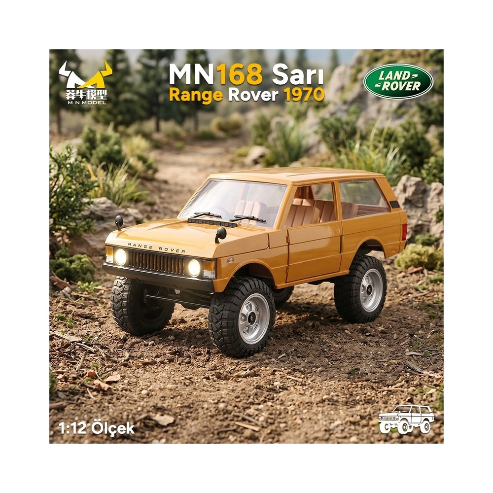 Büyük lastikli sarı 1970 Range Rover, kayalık bir zeminde duruyor.