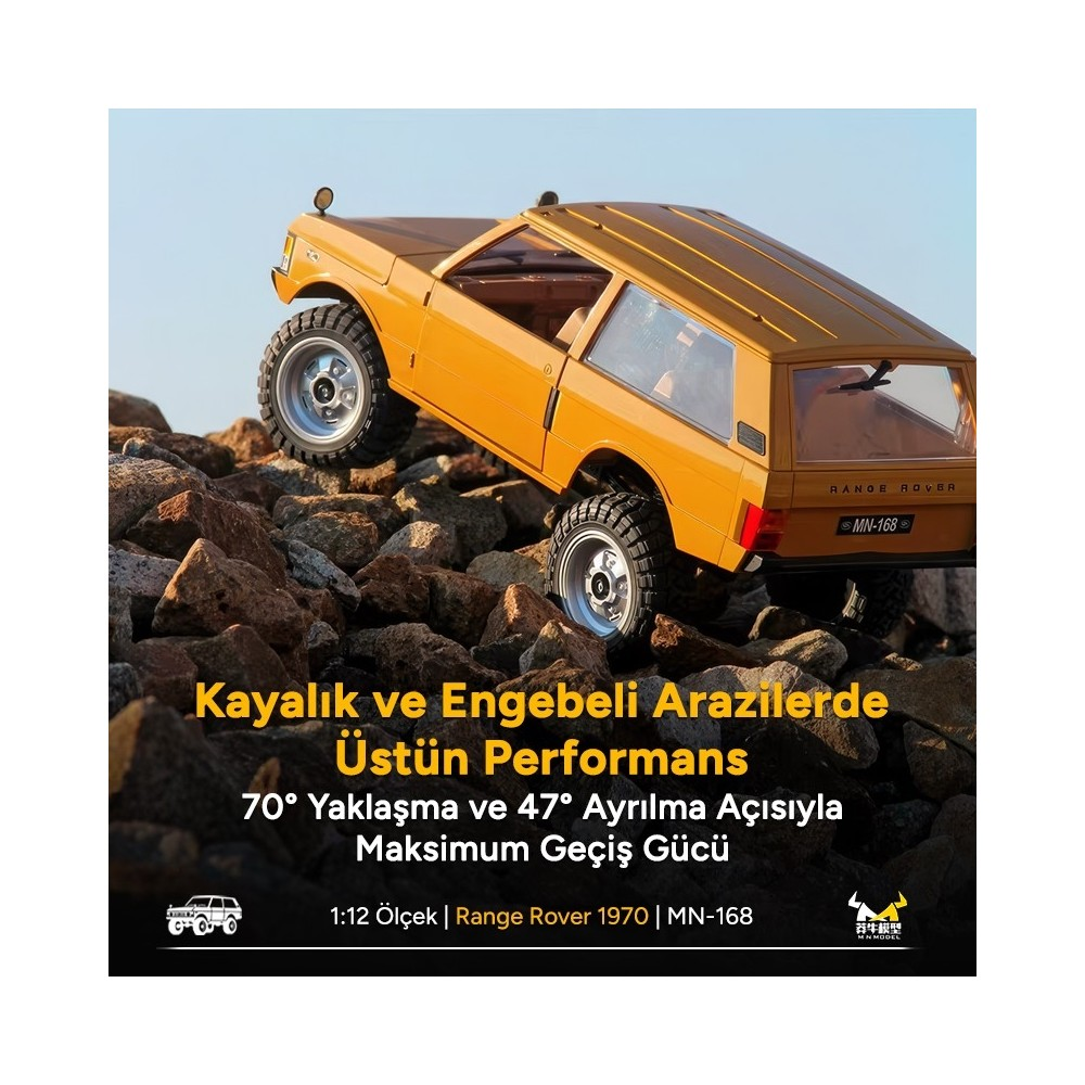 Sarı 1:12 ölçekli Range Rover kayaların üzerinde ilerliyor.