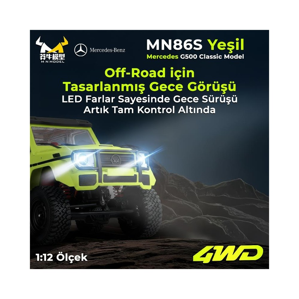 Aydınlatmalı farlara sahip sarı RC Mercedes G500, arazi, 1:12 ölçek.