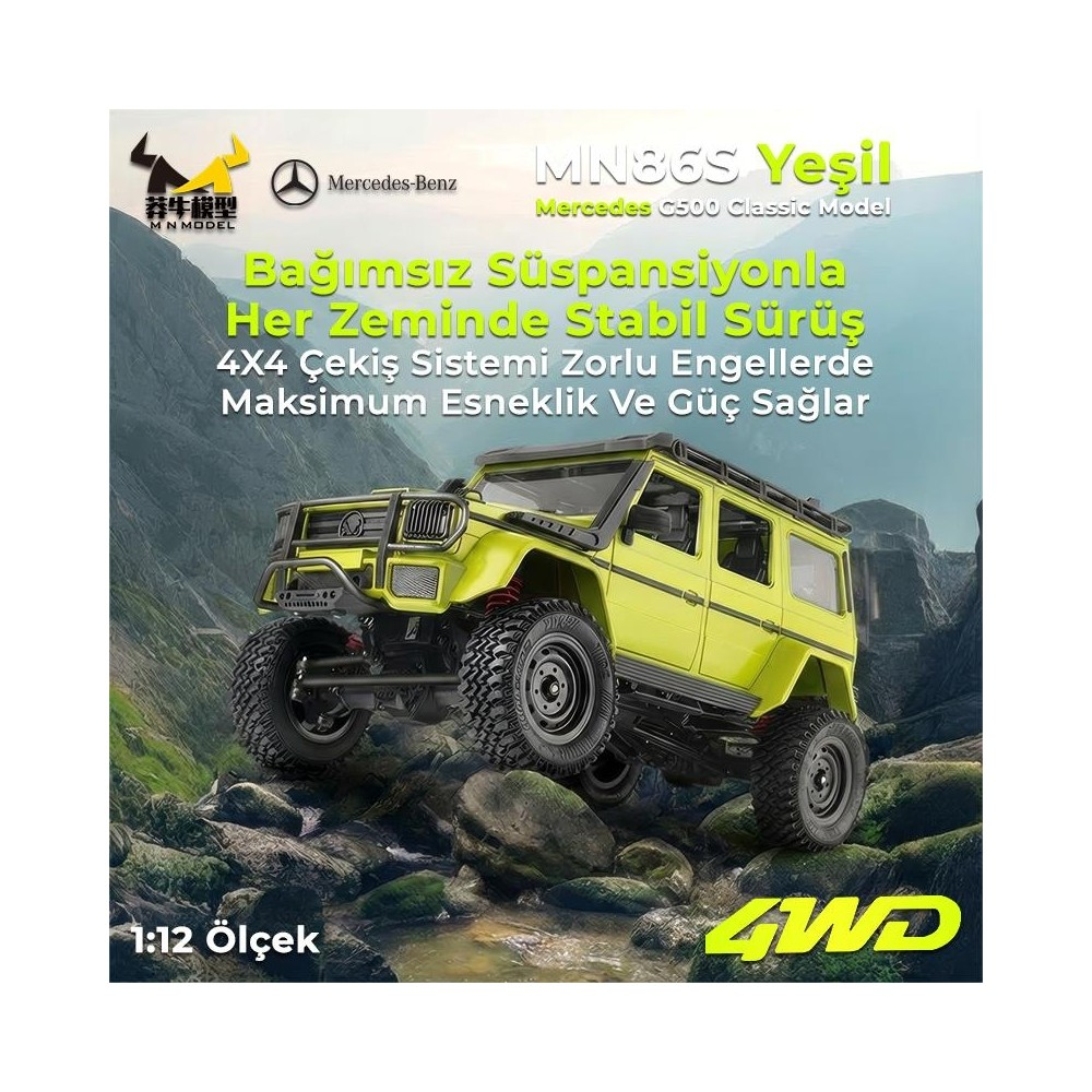 Sarı 4x4 RC Mercedes G500 kayaların üzerinde ilerliyor. 1:12 Ölçek.