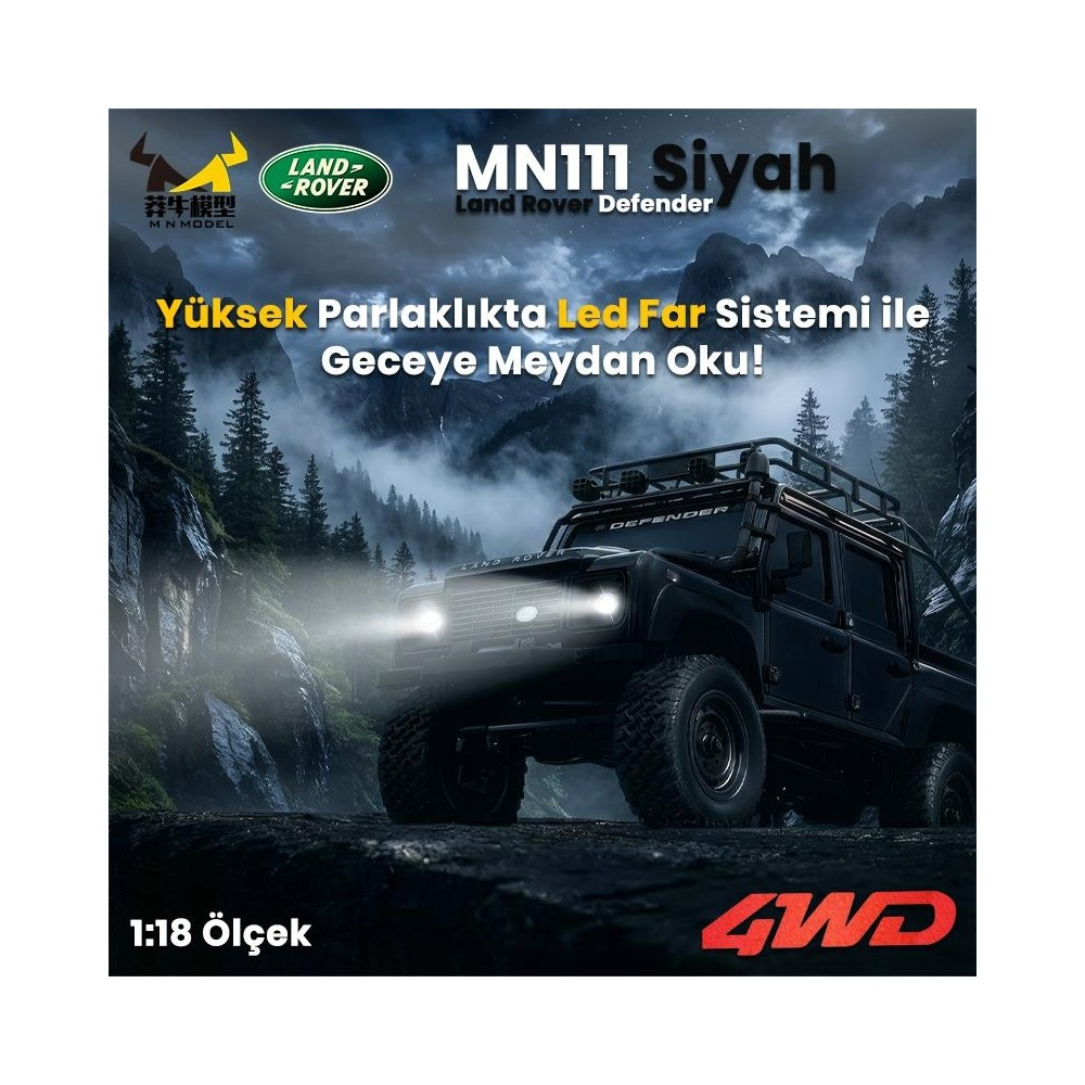 Parlak LED farlı siyah 1:18 Land Rover Defender.
