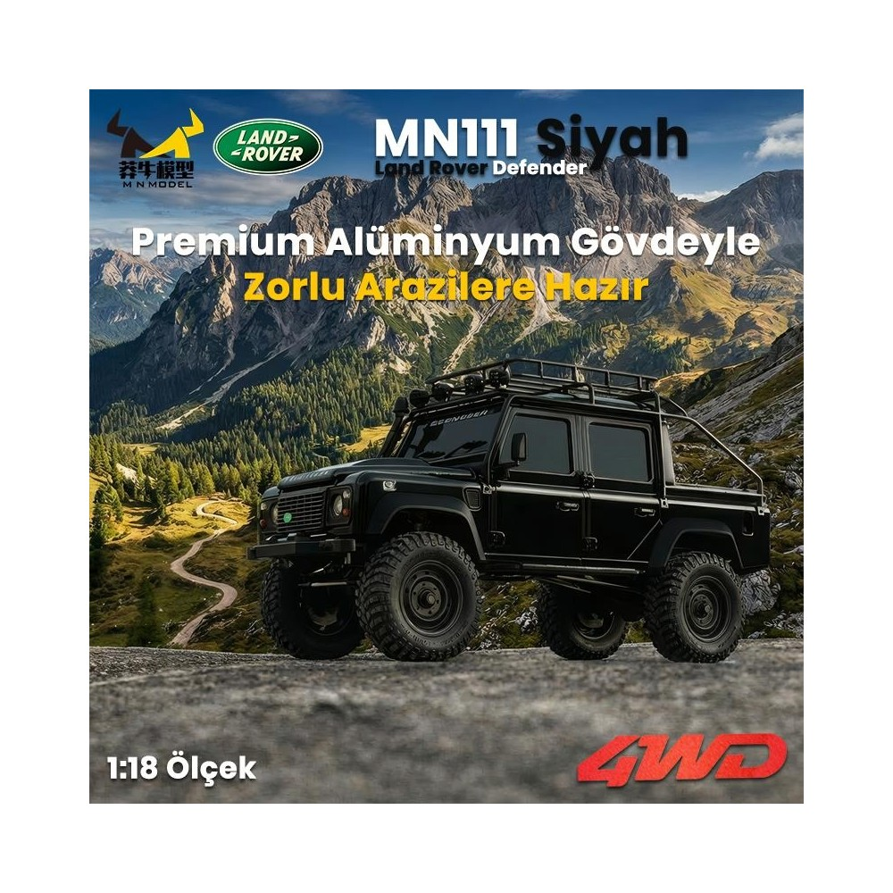 Siyah Land Rover Defender arazide dağ fonuyla. 1:18 ölçek.