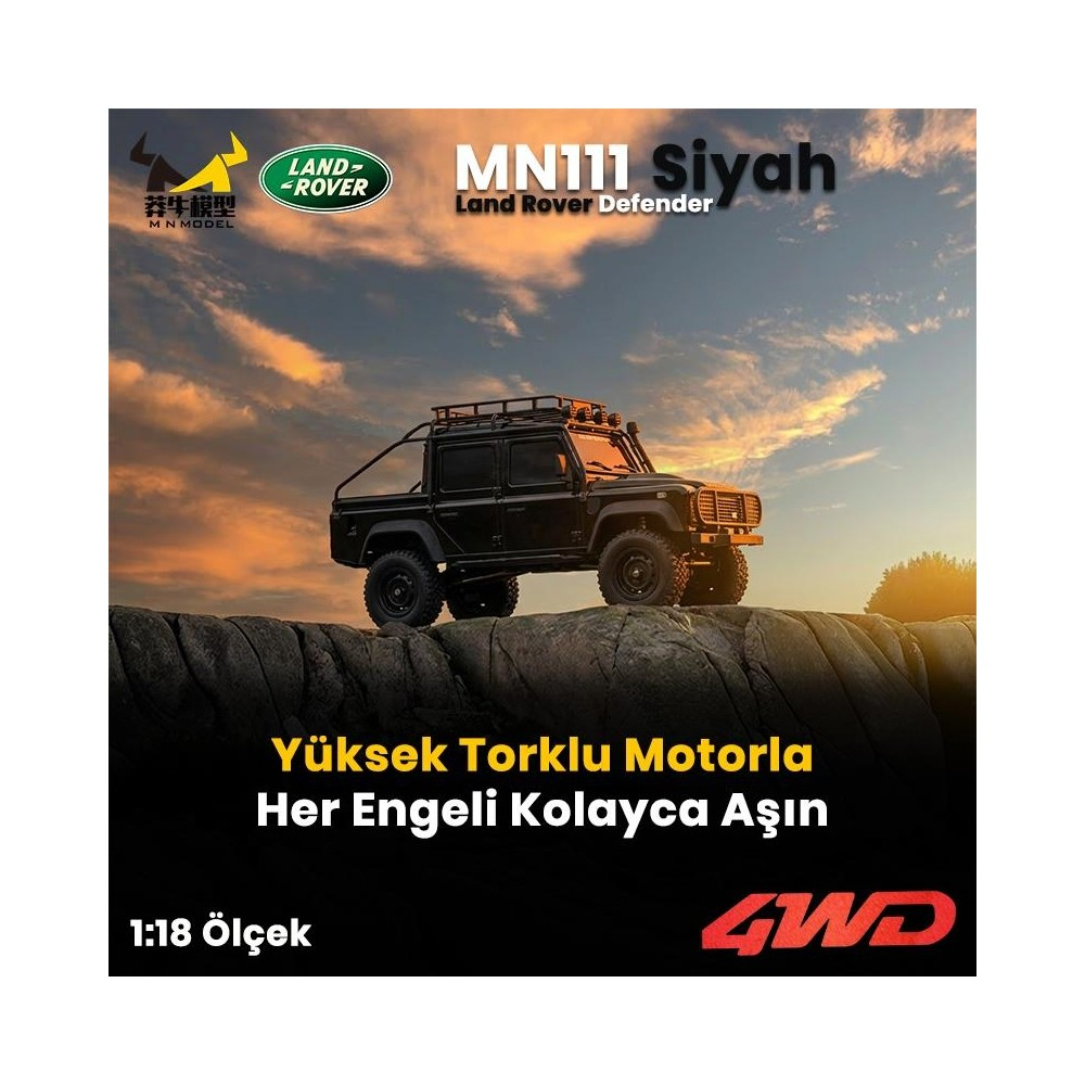 Siyah Land Rover Defender uzaktan kumandalı model kayalarda gün batımında.