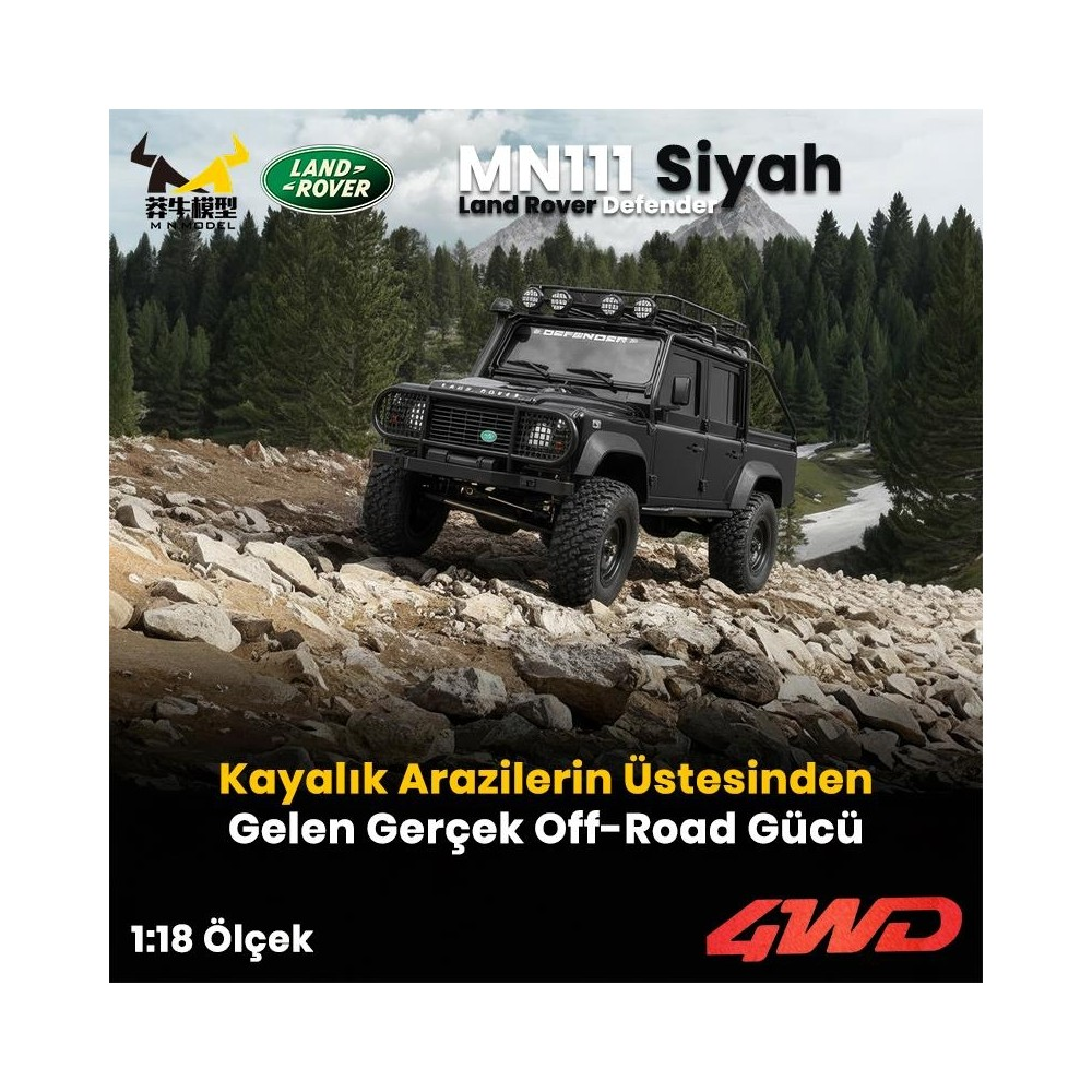 Siyah Land Rover Defender arazide, 1:18 ölçek, 4WD logosuyla.