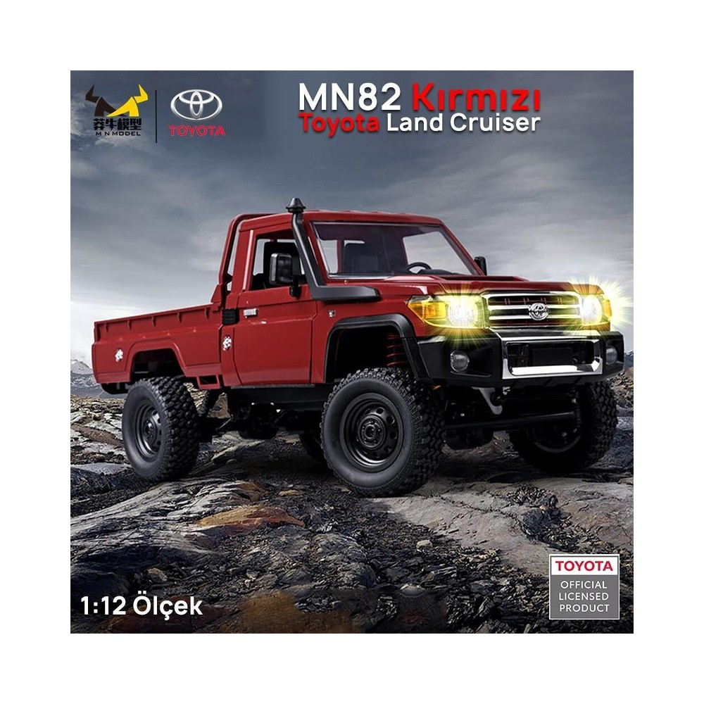 Kırmızı 1:12 ölçekli Toyota Land Cruiser kayalık arazide park halindedir.