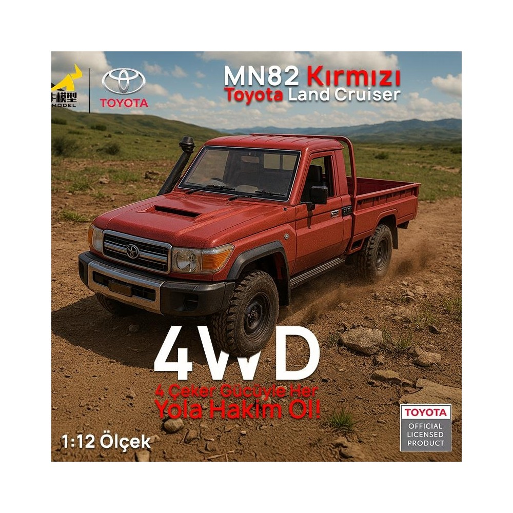 Kırmızı Toyota Land Cruiser 4x4 model kamyonet toprak yolda gidiyor.
