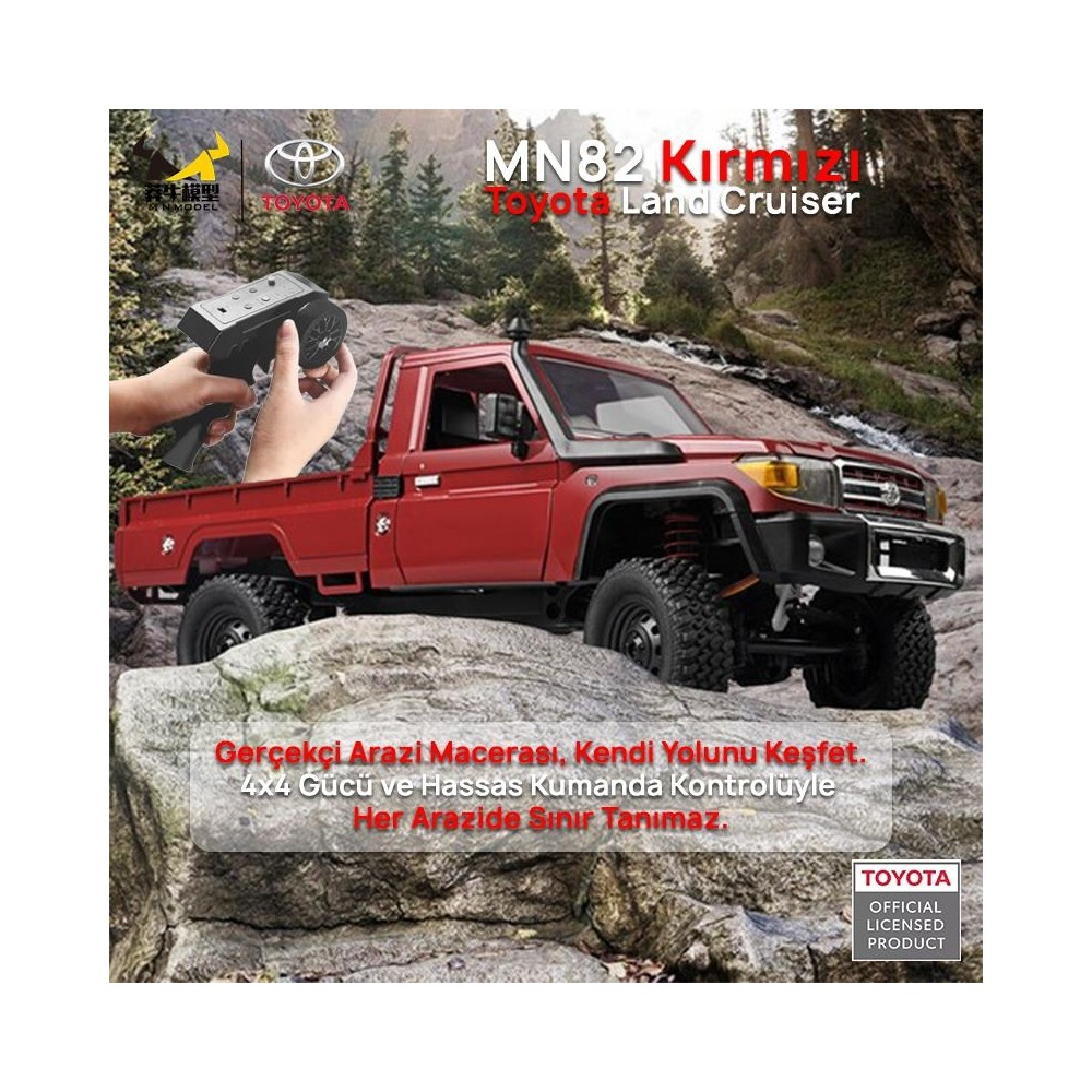 Kayaçlı arazide kırmızı uzaktan kumandalı Toyota Land Cruiser RC araç.