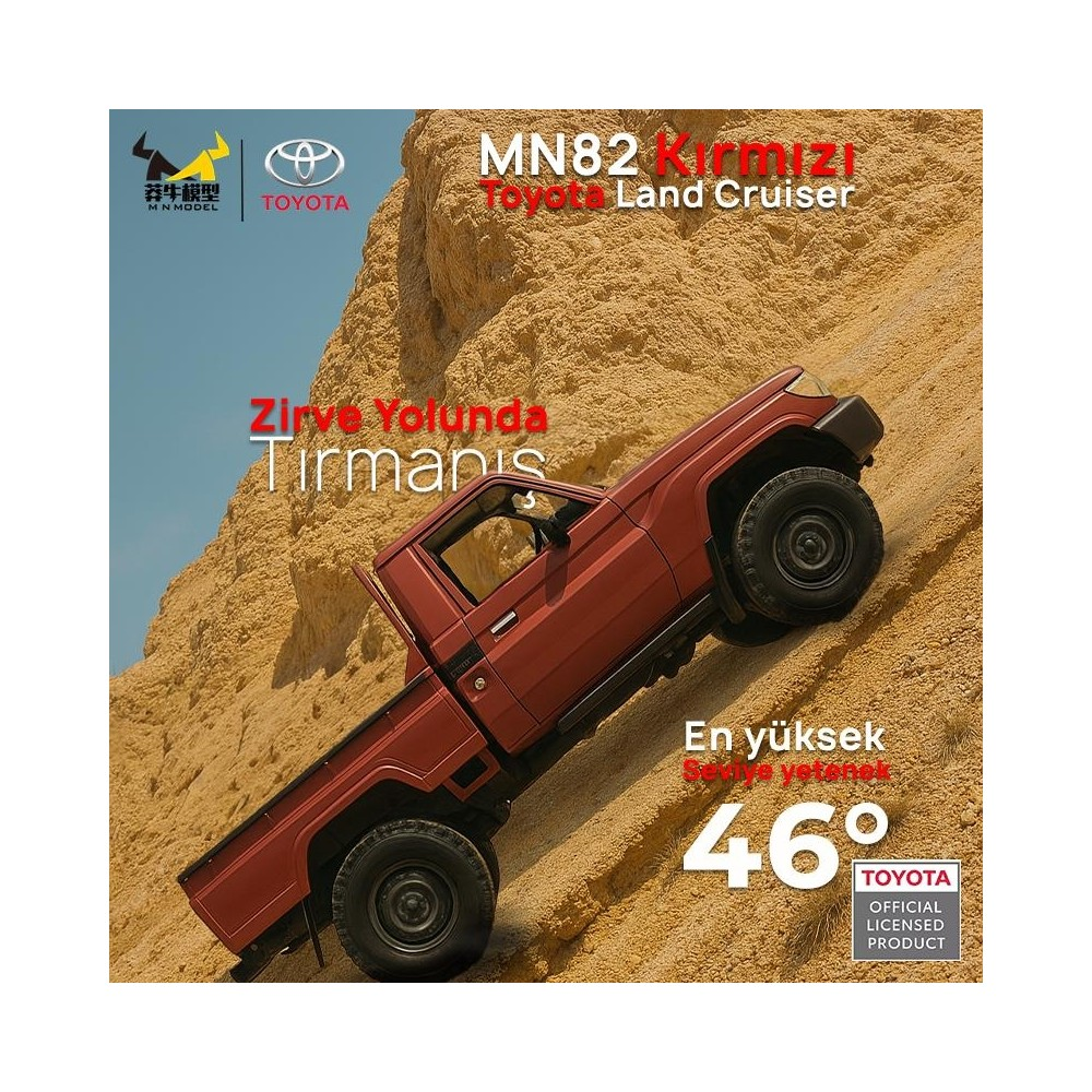 Kırmızı Toyota Land Cruiser modeli kumlu bir yokuşa tırmanıyor. 46 derece.