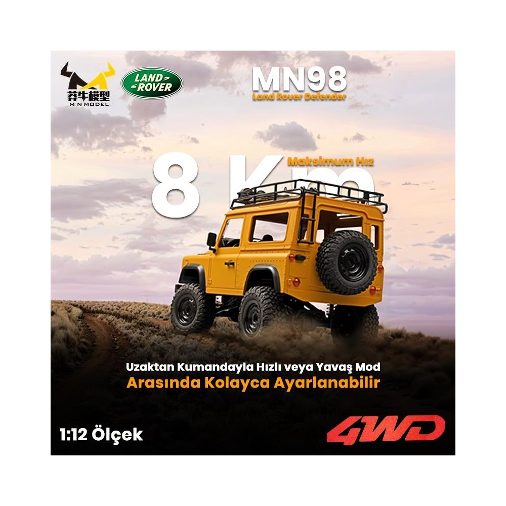 Sarı Land Rover Defender uzaktan kumandalı model, tavan bagajı ve yedek lastik.