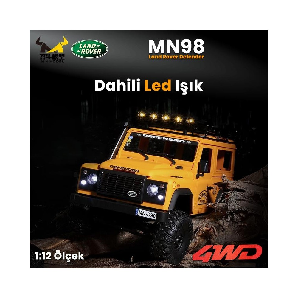 Sarı Land Rover Defender RC ışıklı, kayalık arazide.