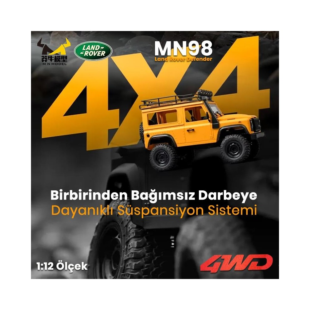 4x4 yazılı ve logolu sarı Land Rover Defender oyuncak araba.