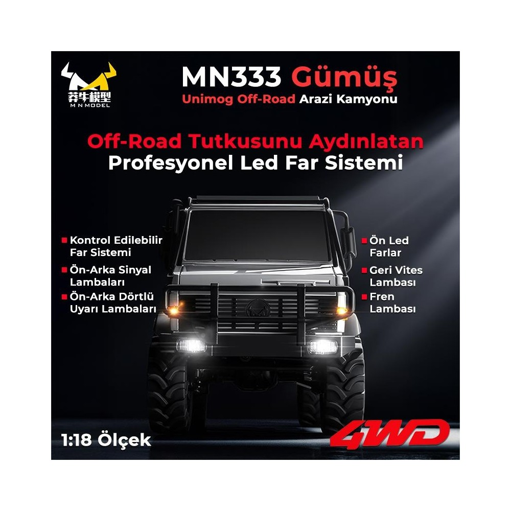 Gümüş Unimog arazi kamyonu, LED farlar ve 4WD logosu, 1:18 ölçekli.