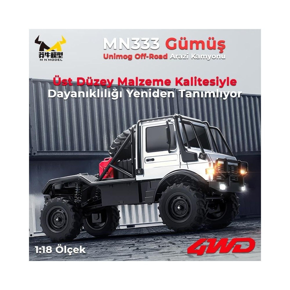 Gümüş Unimog RC arazi kamyonu, büyük lastikleriyle, konteyner önünde.