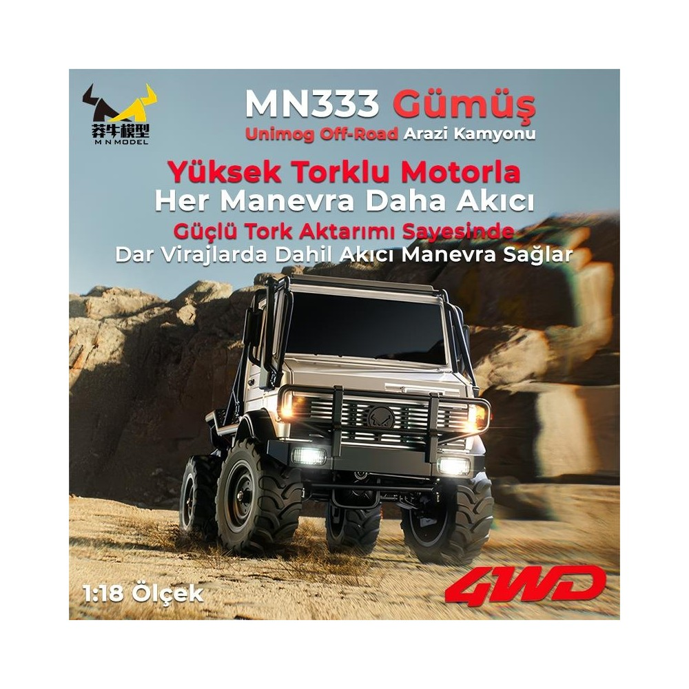 Gümüş Unimog RC araba kayalık arazide, 1:18 ölçekli.