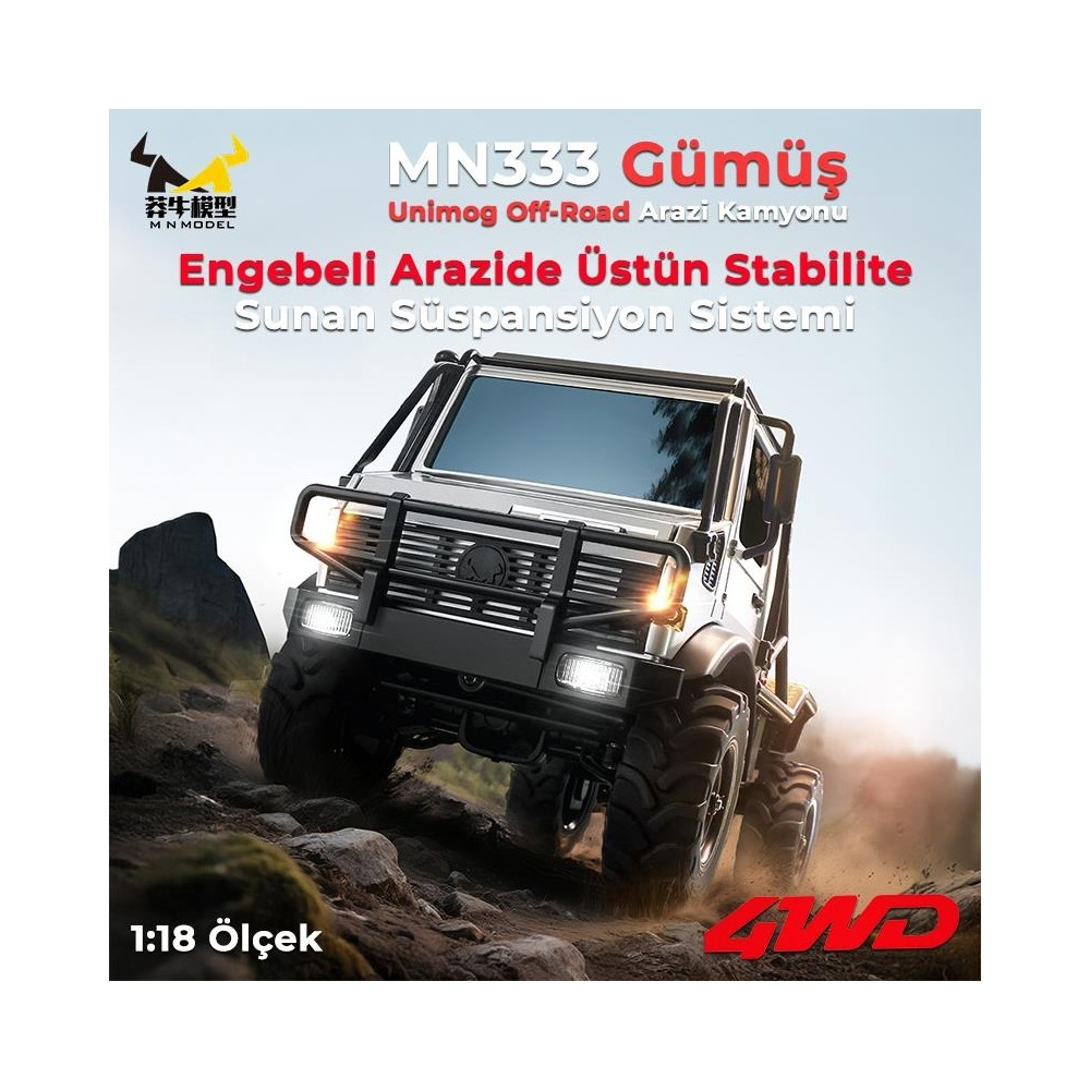 Gümüş Unimog uzaktan kumandalı araç arazide ilerliyor. 1:18 ölçek.
