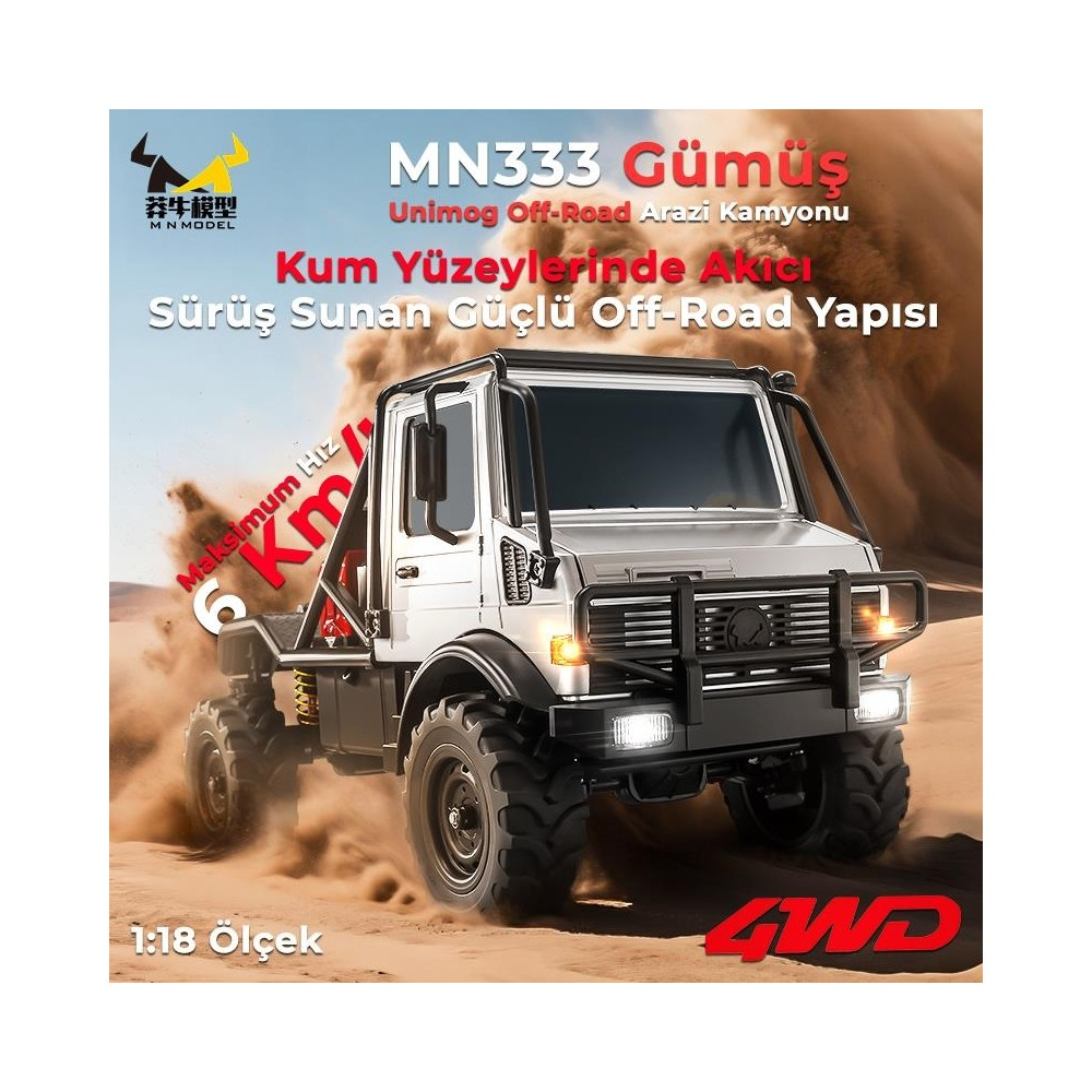 Gümüş Unimog RC kamyon kumda ilerliyor, 1:18 ölçek, 4WD.