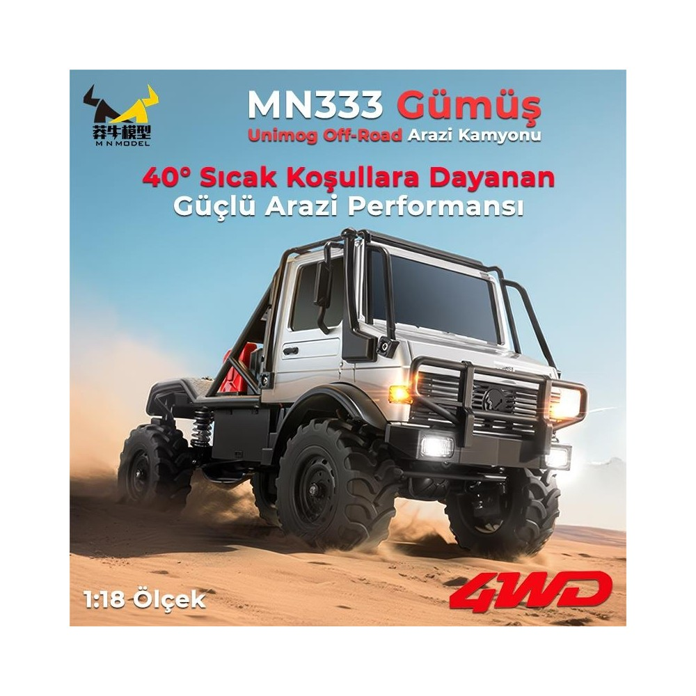 Büyük lastikli gümüş Unimog arazi kamyonu kumda ilerliyor. 4WD logosu.