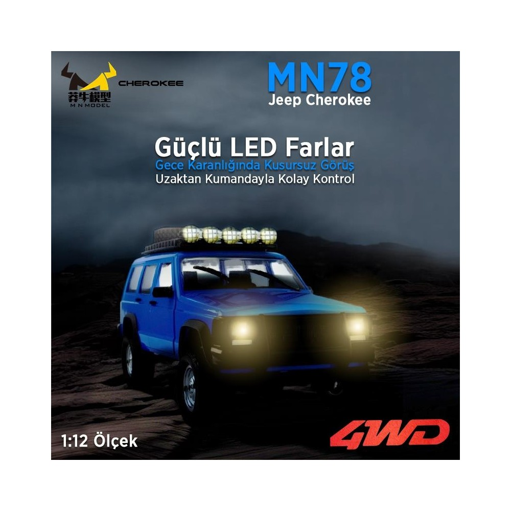 Güçlü LED farları ve tavan lambaları olan mavi bir Jeep Cherokee.