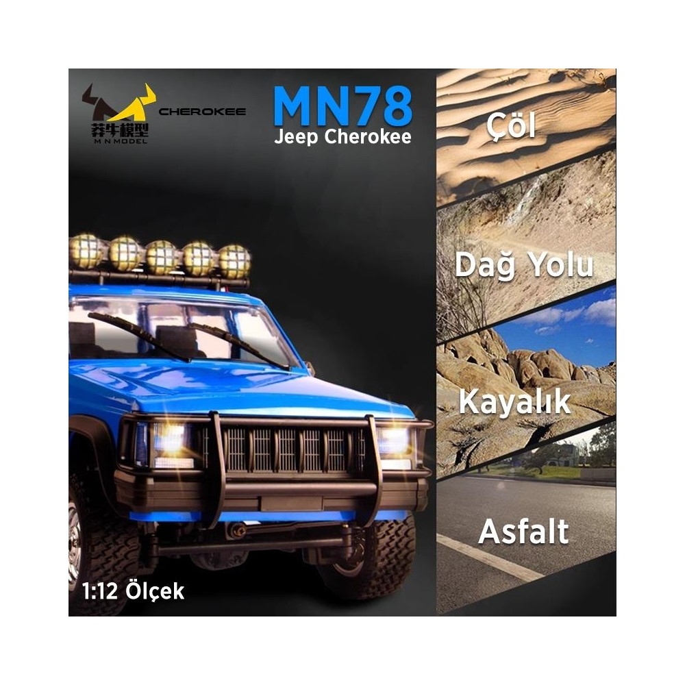 Mavi Jeep Cherokee oyuncak araba, 1:12 ölçek. Sahneler: Çöl, dağ yolu, kayalık, asfalt.