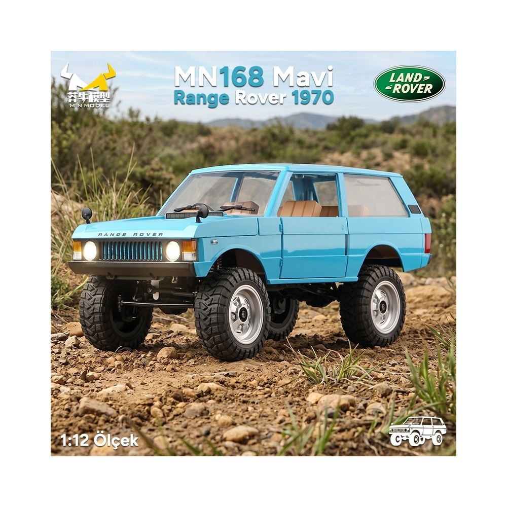 Mavi 1970 Range Rover oyuncak araba, arka planda yeşil çalılarla kayalık arazide.