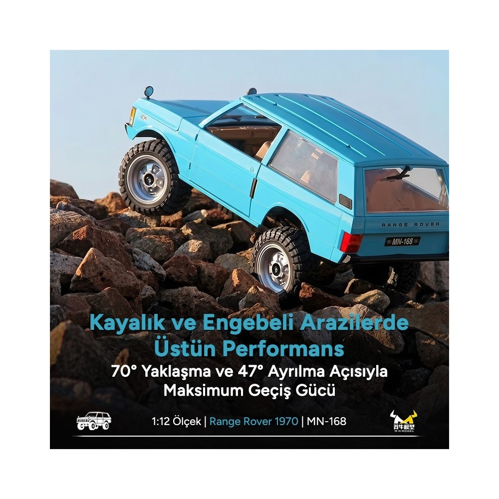 Mavi uzaktan kumandalı araba kayalıkların üzerinde tırmanıyor. 1:12 Range Rover.