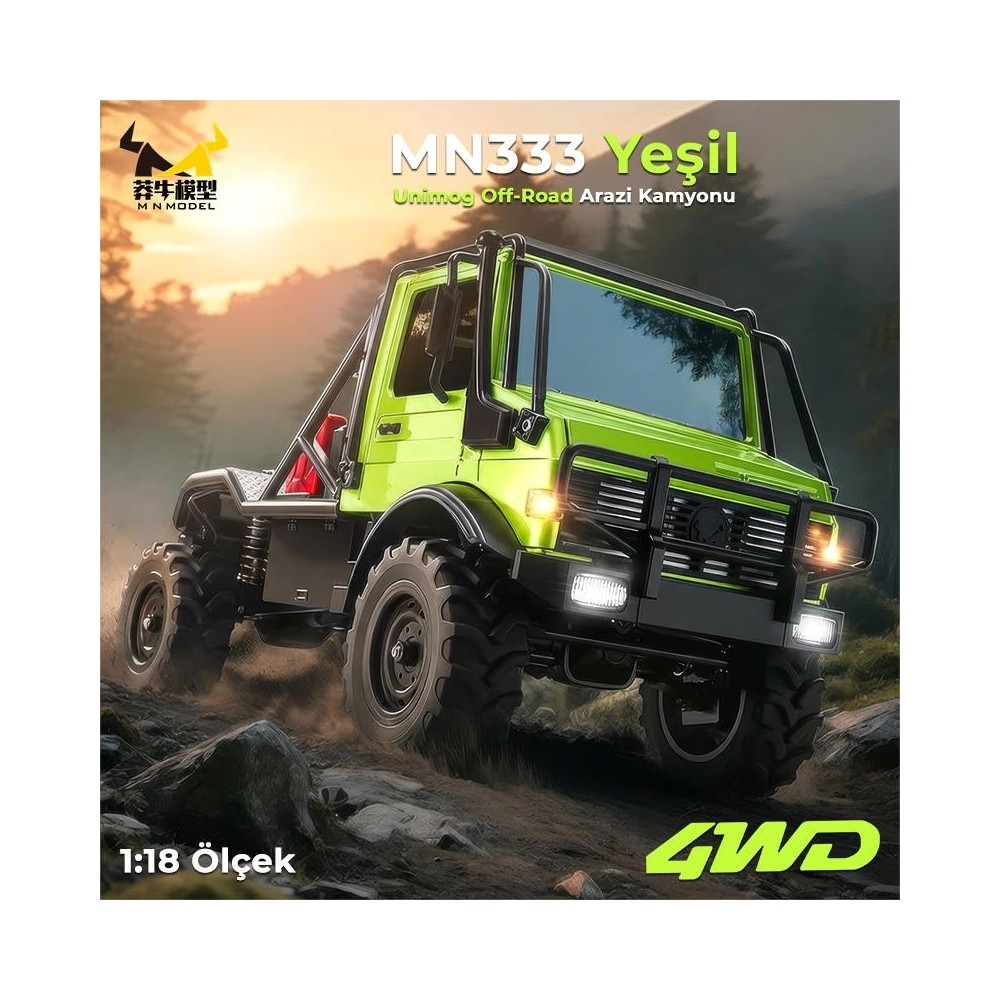Yeşil Unimog arazi kamyonu kayalık arazide ilerliyor. 4WD.