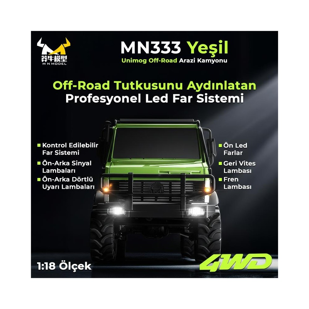 Yeşil Unimog uzaktan kumandalı kamyon, LED aydınlatma sistemi, 1:18 ölçek.
