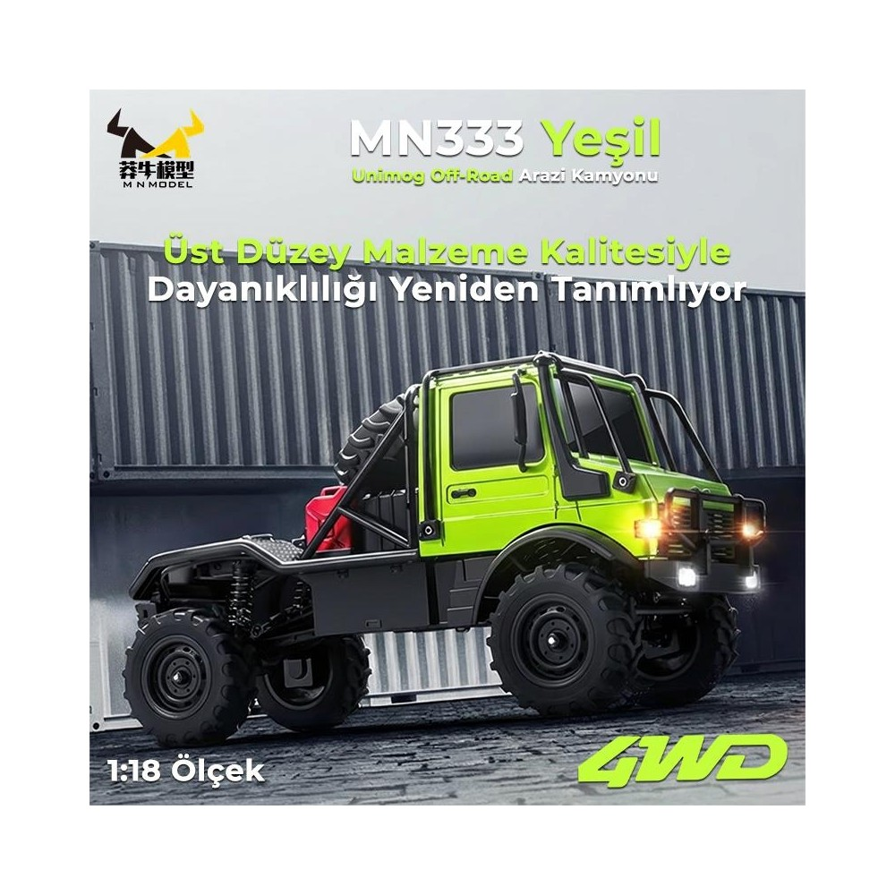 Büyük lastikli parlak yeşil Unimog RC kamyon, bir konteynerin önünde duruyor.