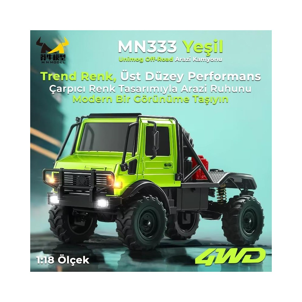 Parlak yeşil Unimog arazi kamyonu, 1:18 ölçek, 4WD logosuyla.
