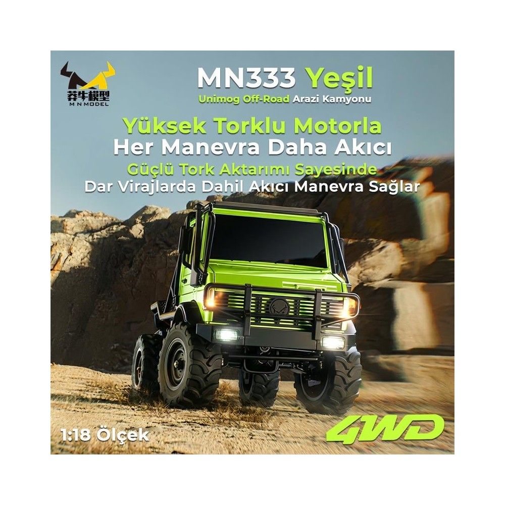 Yeşil Unimog arazi kamyonu, 1:18 ölçek, "4WD" yazılı.