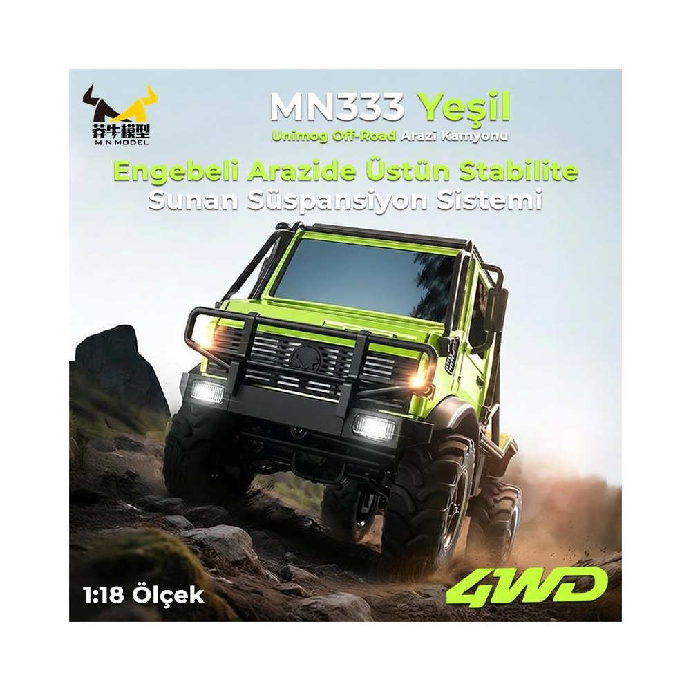 Yeşil 4WD arazi kamyonu kayalık arazide ilerliyor.