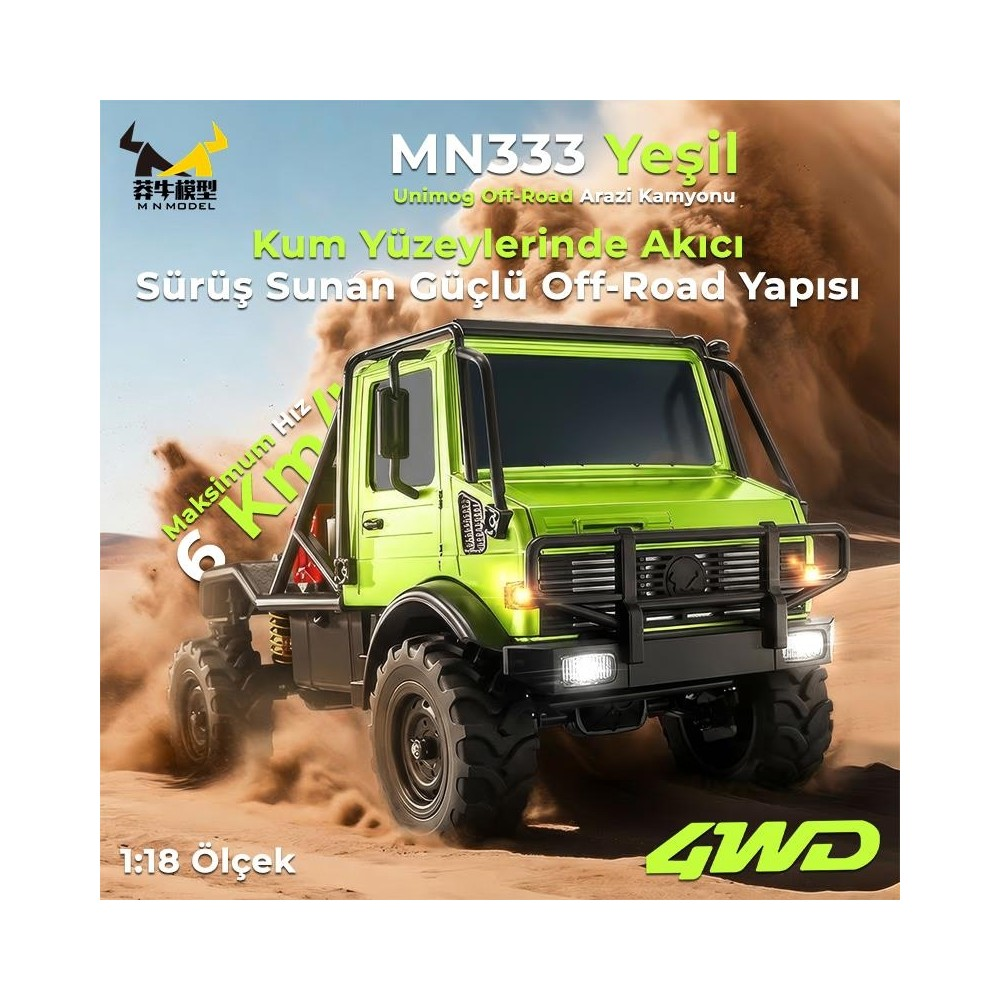 Parlak yeşil Unimog RC kamyon, 4WD ve 6 km/s azami hızla kumda ilerliyor.