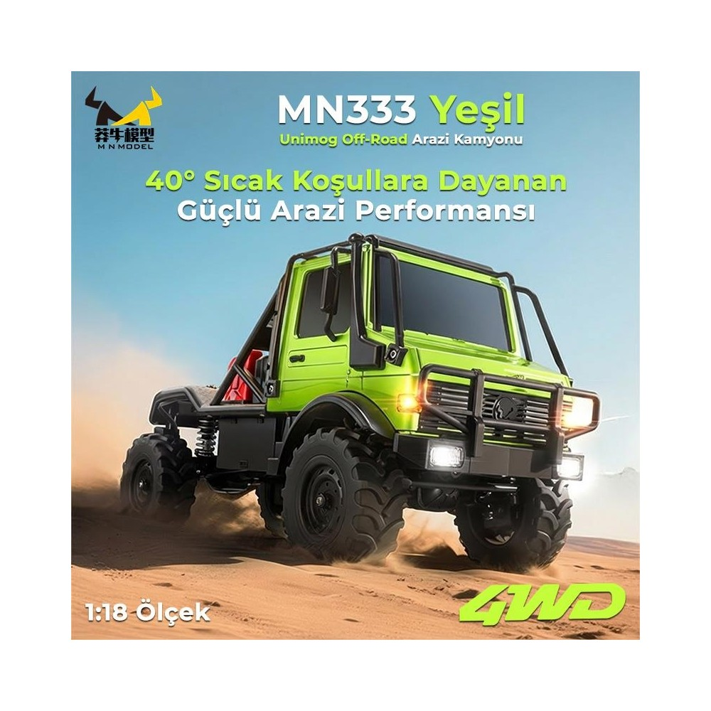 Yeşil Unimog uzaktan kumandalı arazi kamyonu kumda, 1:18 ölçek, 4WD.