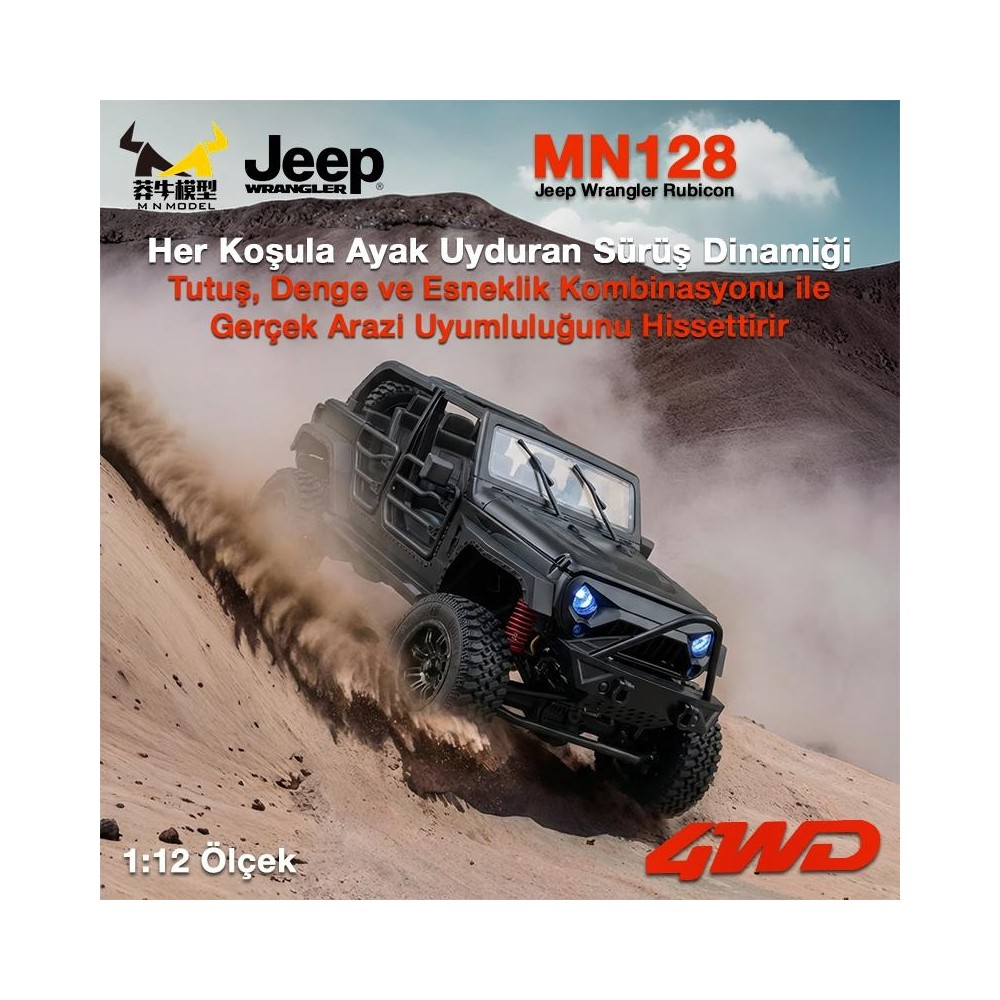 Siyah Jeep Wrangler tozlu yokuşta ilerliyor, 1:12 ölçek.