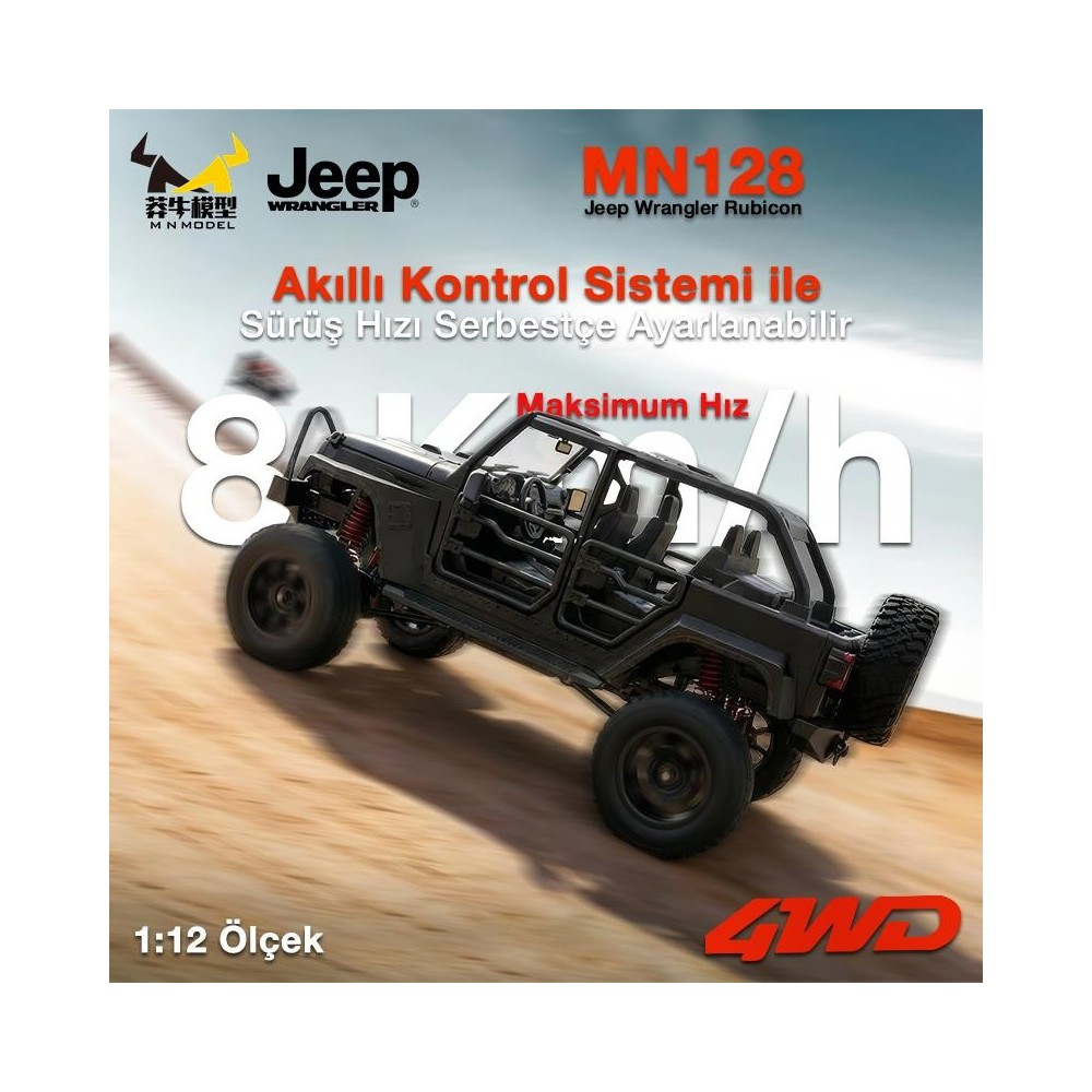 Siyah 1:12 ölçekli Jeep Wrangler Rubicon kumlu arazide ilerliyor. Metin 8 ve 4WD gösteriyor.