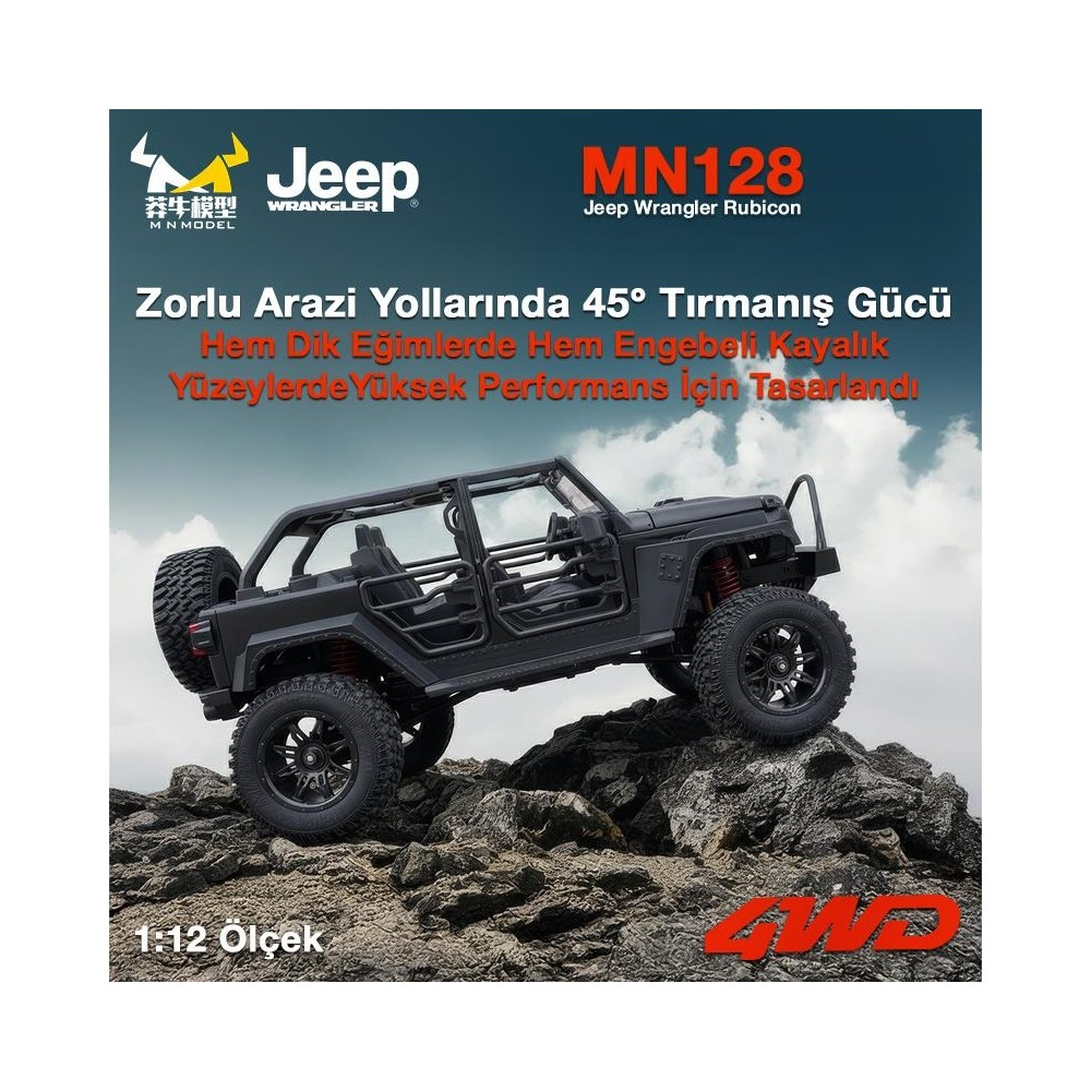 Siyah Jeep Wrangler RC araba kayaların üzerinde, 1:12 ölçek, 4WD.