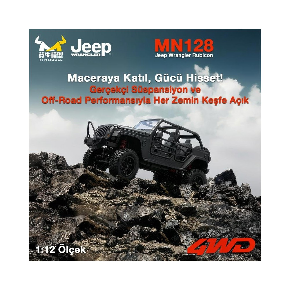 Siyah Jeep Wrangler kumandalı araba kayalıklar üzerinde, 1:12 ölçek.