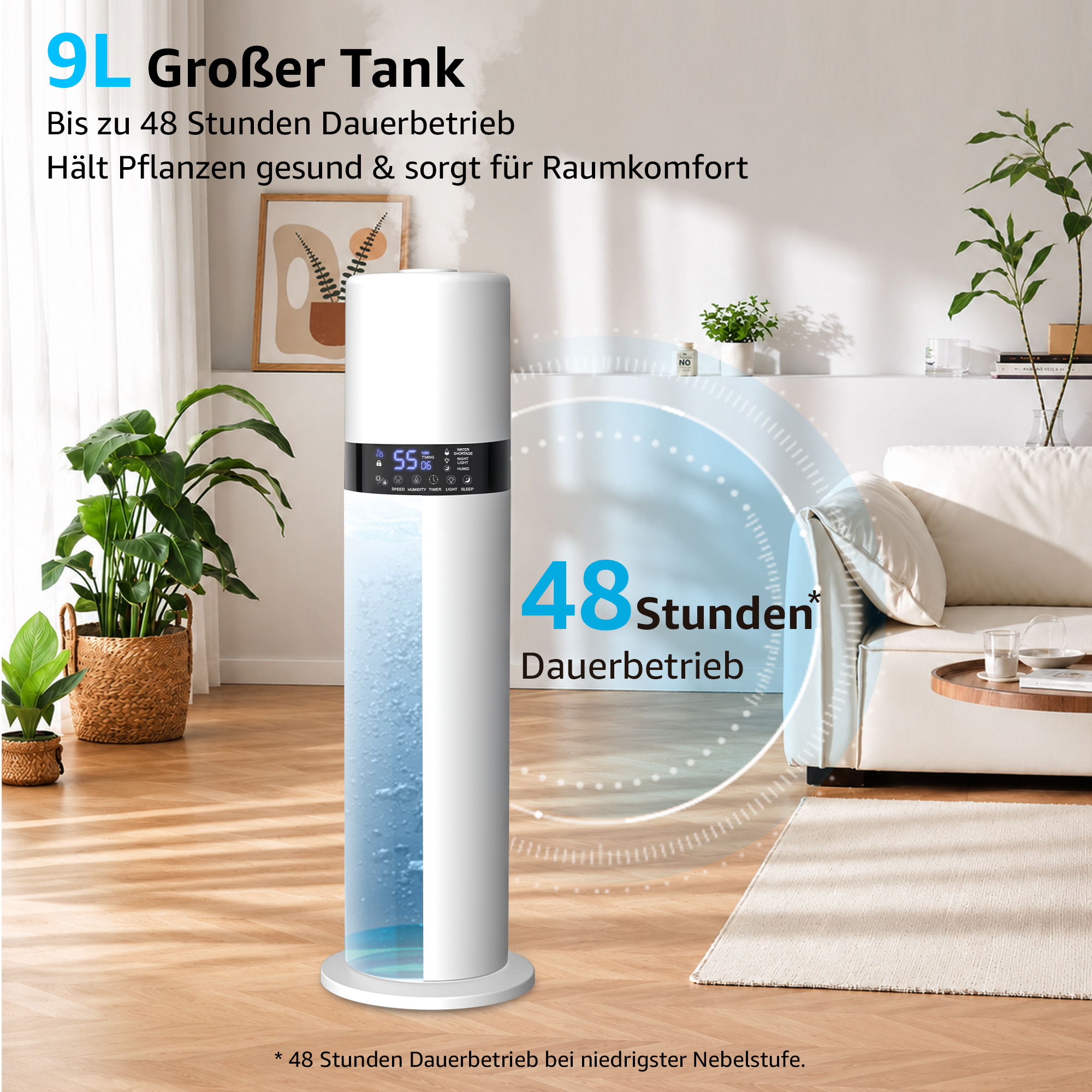 Ein großer Luftbefeuchter mit 9L Tank steht im Wohnzimmer.