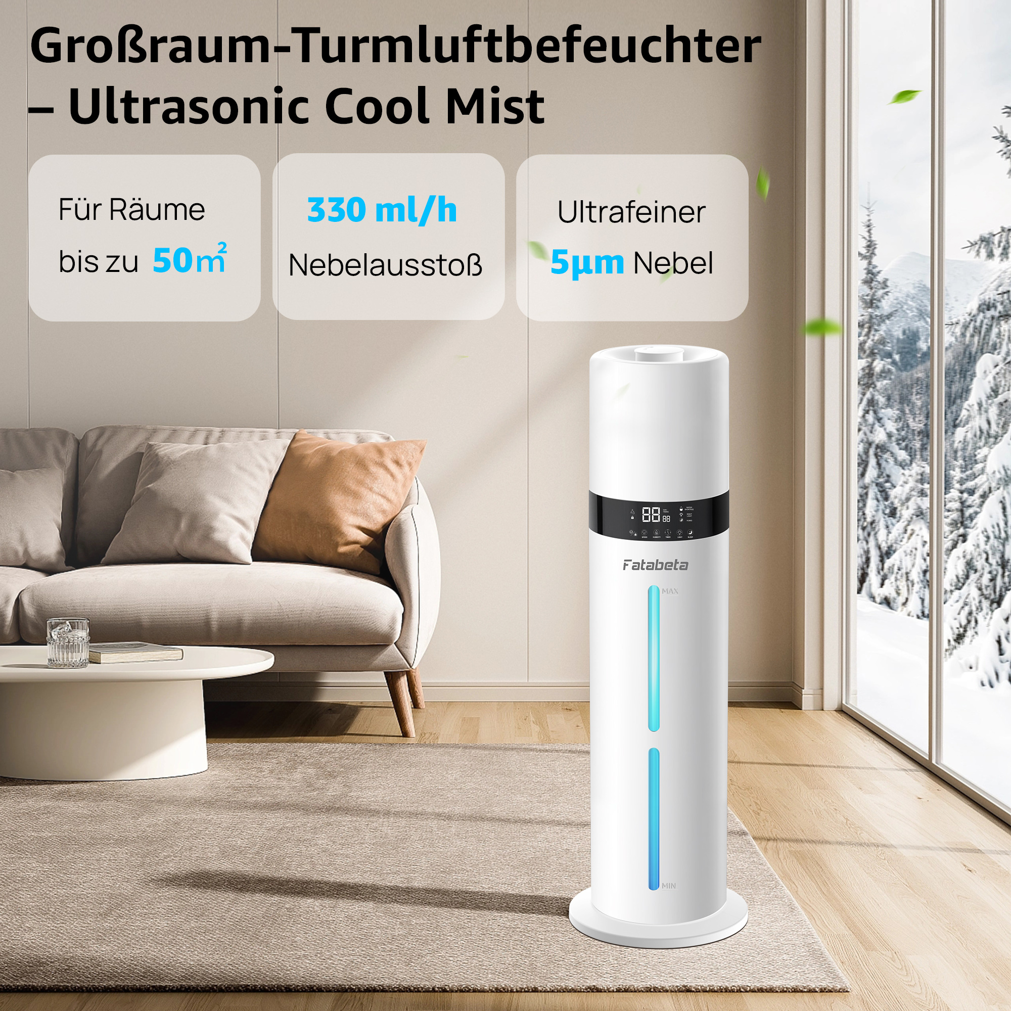 Ein weißer Turm-Luftbefeuchter steht in einem Wohnzimmer mit Sofa und Couchtisch.