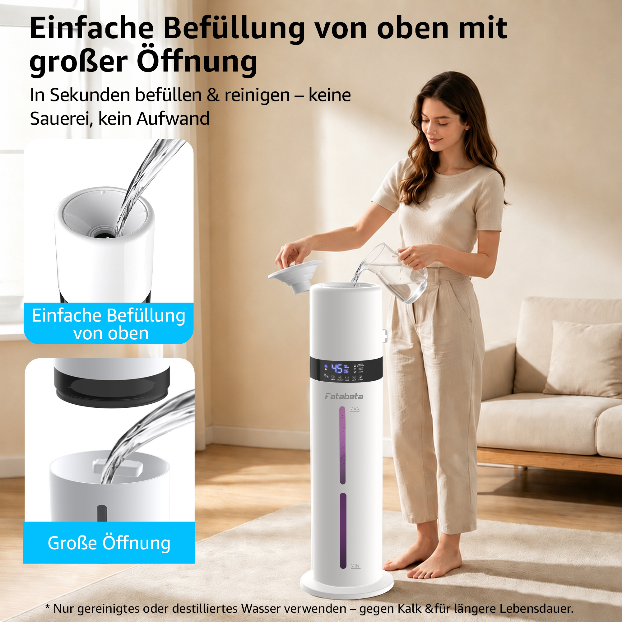 Eine Frau füllt einen Turmventilator mit Wasser, der eine große Öffnung hat.